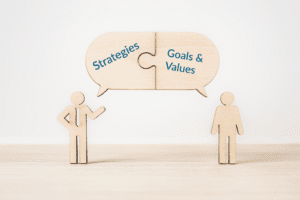 Two stick figures under a speech bubble shaped like a puzzle piece connecting "Strategies" and "Goals"