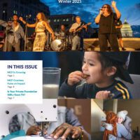 Cover of the Winter 2025 MCF newsletter, titled "Madison Gives" featuring a collage of photos including a band playing, a young child eating, two women hugging and someone at a sewing machine