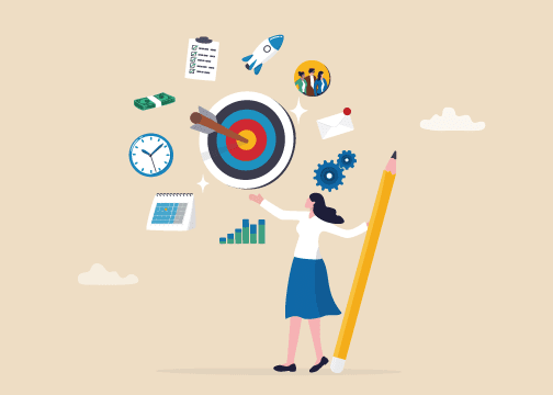 Illustration of woman holding a pencil in one hand and gesturing toward a target with an arrow in the bullseye.