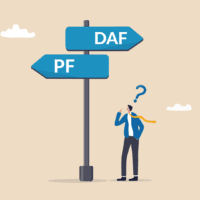 An illustration of a person standing at a post with signs pointing in opposite directions. One reads "DAF" and the other reads "PF"