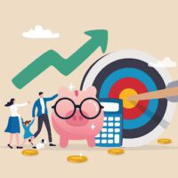 An illustration of a young family with a piggy bank, upward trending graph, bulls eye and calculator