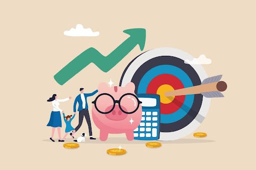 An illustration of a young family with a piggy bank, upward trending graph, bulls eye and calculator
