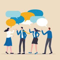 An illustration of a group of people with empty conversation bubbles above their heads.