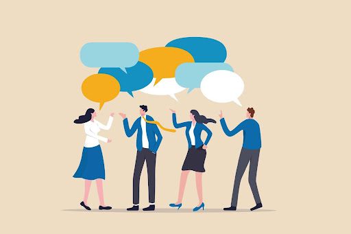 An illustration of a group of people with empty conversation bubbles above their heads.