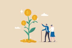 Elderly man and woman looking at a tree with big coins on it, indicating growth of an investment