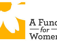 Logo for A Fund for Women, with the text on the right half and a white daisy on a yellow background on the left side.