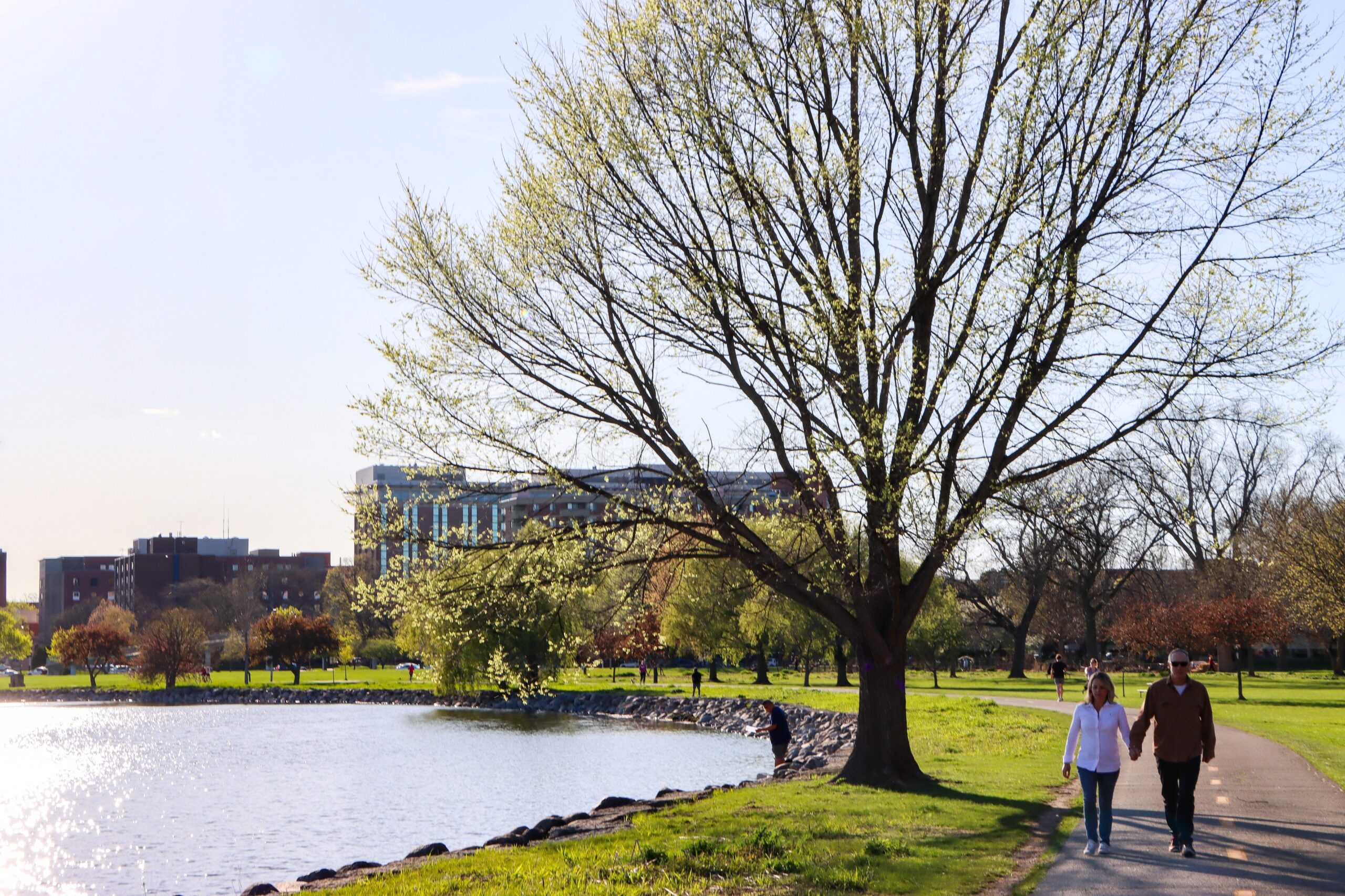 Man and woman hold hands as they walk through a park by the water