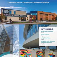 Cover of Madison Gives, MCF's Fall 2023 newsletter, featuring pictures of the buildings MCF has funded around the city of Madison.