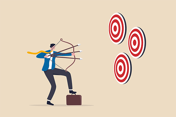 An illustration of a man with a bow shotting three arrows at three targets on a nearby wall