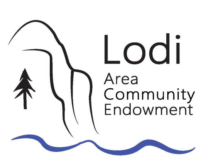 Text that says "Lodi Area Community Endowment" next to a bluff, a pine tree and a stream