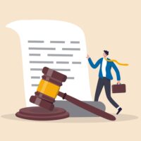 Cartoon man next to a gavel and piece of paper representing a will or legal document