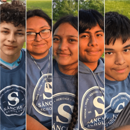 Five students wearing blue shirts with the Sanchez Scholars logo on their shirt