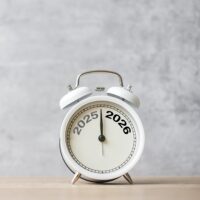 A white clock turning from the year 2025 to 2026
