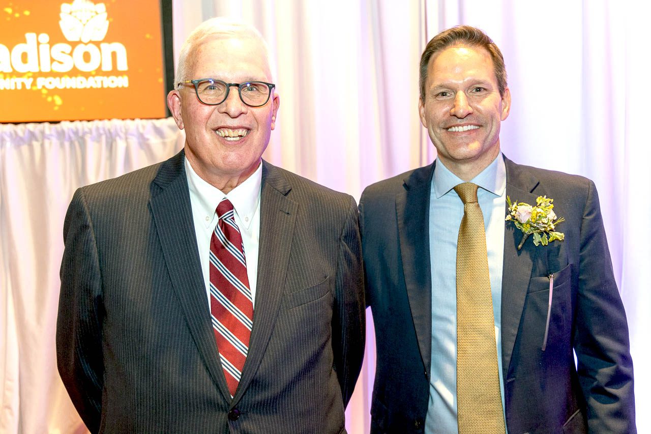 E.G. Schramka and Bob Sorge stand together at Madison Gives after announcing the Goodman Foundation grant for the Goodman Nonprofit Center.